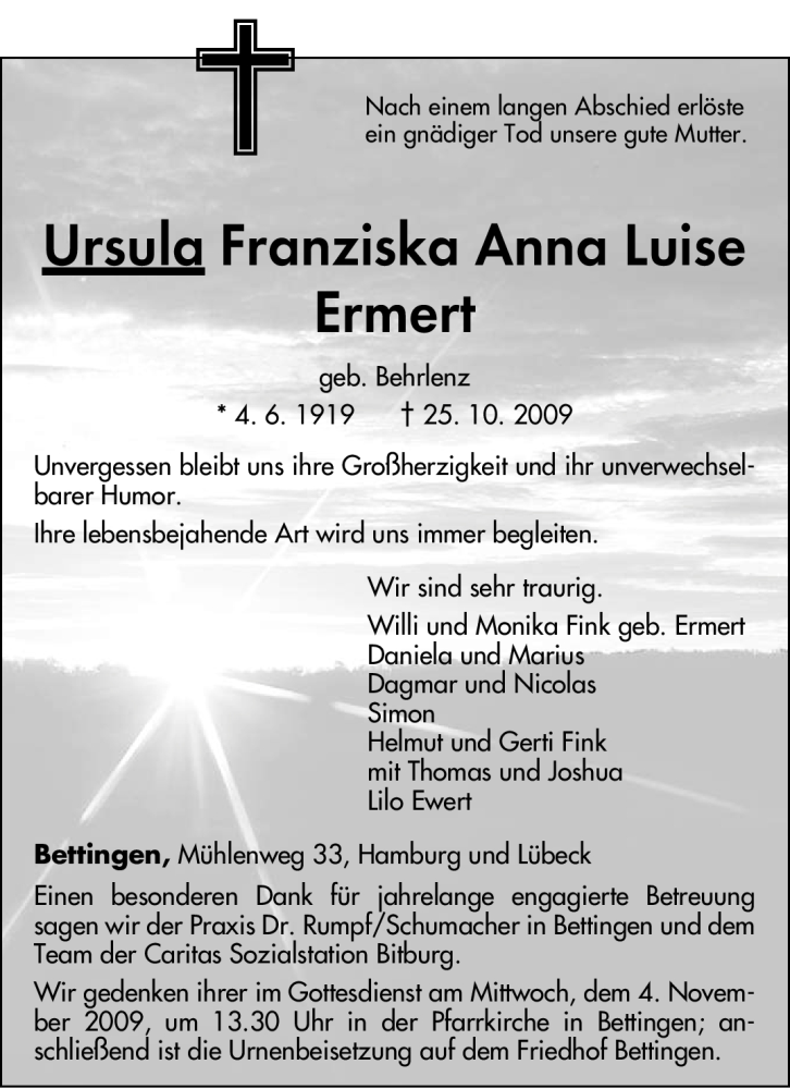  Traueranzeige für Ursula Franziska Anna Luise Ermert vom 31.10.2009 aus TRIERISCHER VOLKSFREUND