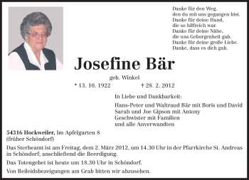 Traueranzeige von Josefine Bär von TRIERISCHER VOLKSFREUND