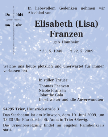 Traueranzeige von Elisabeth Franzen von TRIERISCHER VOLKSFREUND