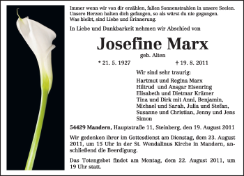 Traueranzeige von Josefine Marx von TRIERISCHER VOLKSFREUND