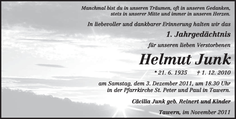  Traueranzeige für Helmut Junk vom 26.11.2011 aus TRIERISCHER VOLKSFREUND