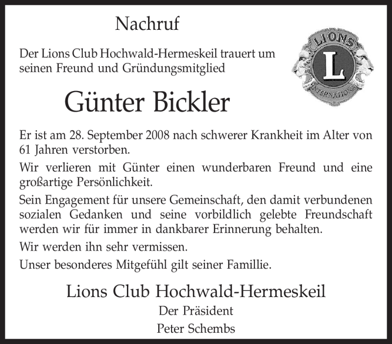 Traueranzeige für Günter Bickler vom 04.10.2008 aus TRIERISCHER VOLKSFREUND