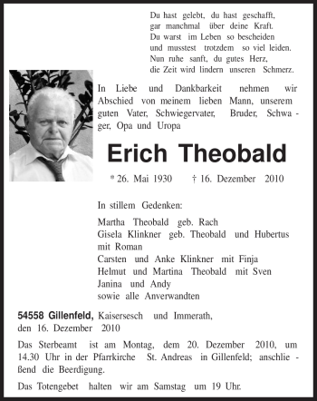 Traueranzeige von Erich Theobald von TRIERISCHER VOLKSFREUND