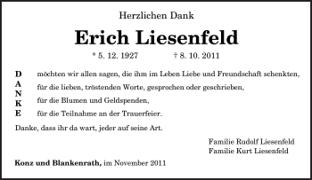 Traueranzeige von Erich Liesenfeld von TRIERISCHER VOLKSFREUND