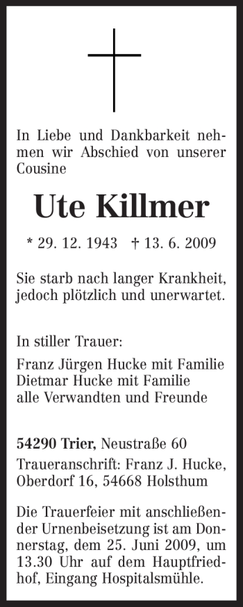 Traueranzeige von Ute Killmer von TRIERISCHER VOLKSFREUND
