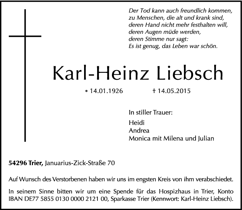  Traueranzeige für Karl-Heinz Liebsch vom 22.05.2015 aus trierischer_volksfreund