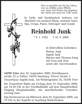 Traueranzeige von Reinhold Junk von TRIERISCHER VOLKSFREUND