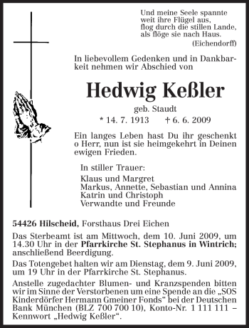 Traueranzeige von Hedwig Keßler von TRIERISCHER VOLKSFREUND