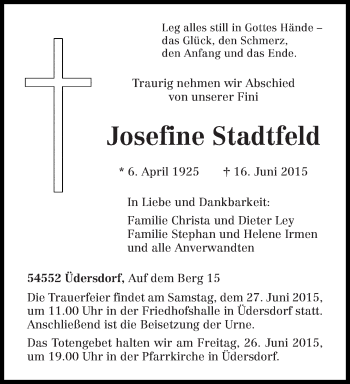 Traueranzeige von Josefine Stadtfeld von trierischer_volksfreund