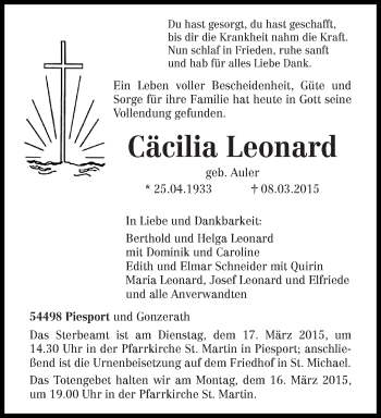 Traueranzeige von Cäcilia Leonard von trierischer_volksfreund