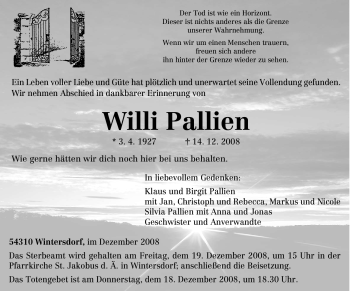 Traueranzeige von Willi Pallien von TRIERISCHER VOLKSFREUND