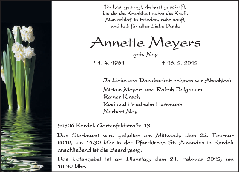  Traueranzeige für Annette Meyers vom 18.02.2012 aus TRIERISCHER VOLKSFREUND