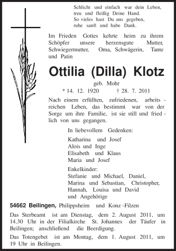 Traueranzeige von Ottilia Klotz von TRIERISCHER VOLKSFREUND
