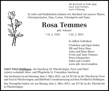 Traueranzeige von Rosa Temmes von trierischer_volksfreund