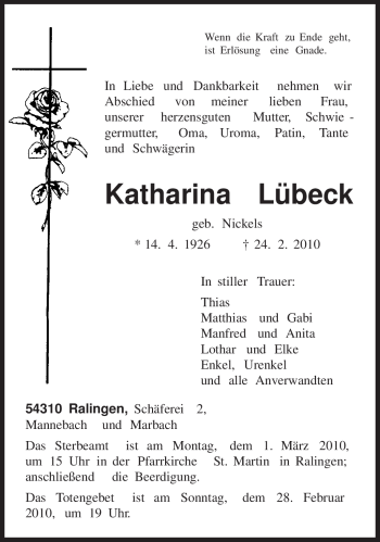 Traueranzeige von Katharina Lübeck von TRIERISCHER VOLKSFREUND