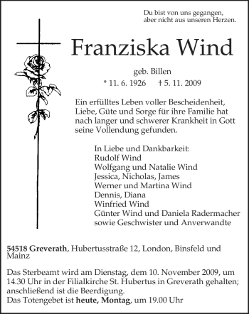 Traueranzeige von Franziska Wind von TRIERISCHER VOLKSFREUND