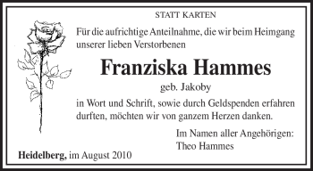 Traueranzeige von Franziska Hammes von TRIERISCHER VOLKSFREUND
