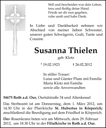 Traueranzeige von Susanna Thielen von TRIERISCHER VOLKSFREUND