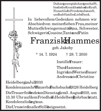 Traueranzeige von Franziska Hammes von TRIERISCHER VOLKSFREUND
