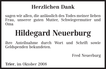 Traueranzeige von Hildegard Neuerburg von TRIERISCHER VOLKSFREUND