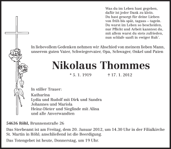 Traueranzeige von Nikolaus Thommes von TRIERISCHER VOLKSFREUND