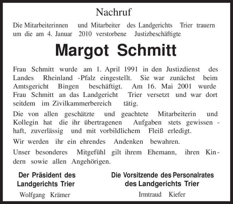  Traueranzeige für Margot Schmitt vom 07.01.2010 aus TRIERISCHER VOLKSFREUND