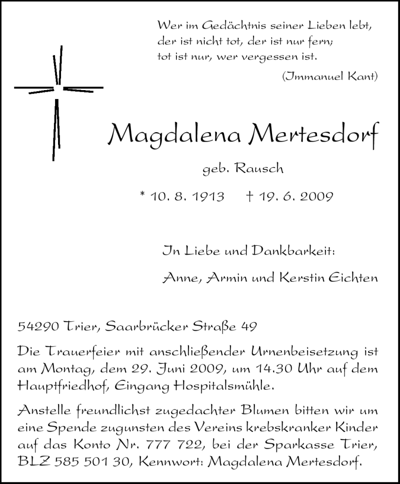 Traueranzeige für Magdalena Mertesdorf vom 23.06.2009 aus TRIERISCHER VOLKSFREUND