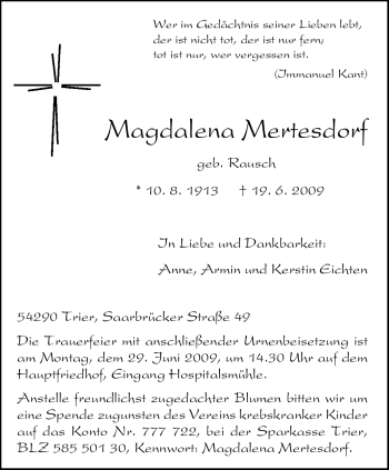 Traueranzeige von Magdalena Mertesdorf von TRIERISCHER VOLKSFREUND