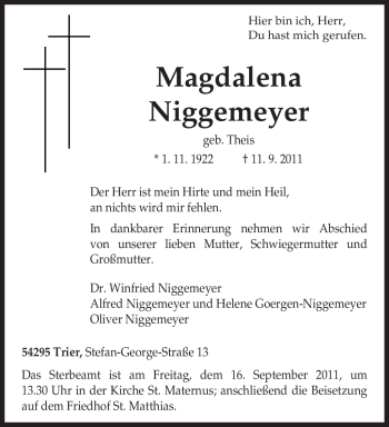 Traueranzeige von Magdalena Niggemeyer von TRIERISCHER VOLKSFREUND