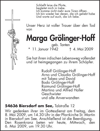 Traueranzeige von Marga Grölinger-Hoff von TRIERISCHER VOLKSFREUND