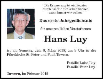 Traueranzeige von Hans Luy von trierischer_volksfreund