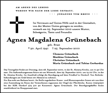 Traueranzeige von Agnes Magdalena Grünebach von TRIERISCHER VOLKSFREUND