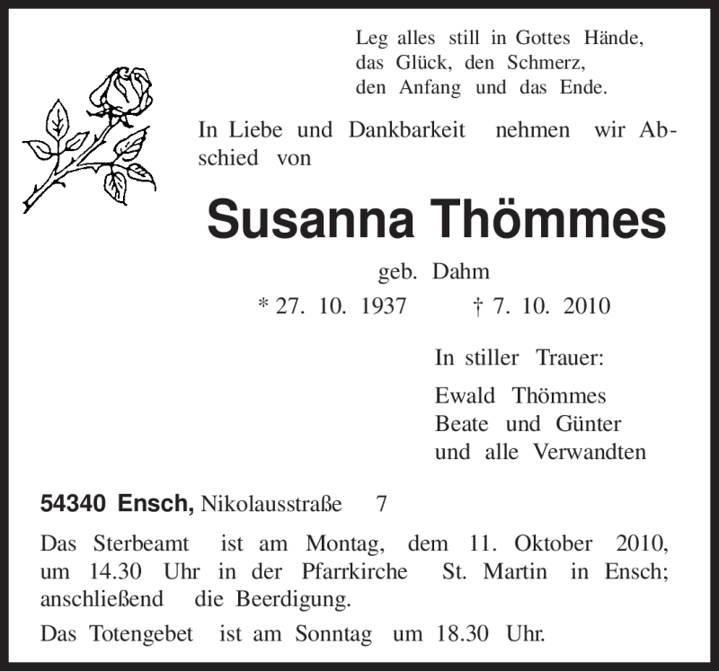  Traueranzeige für Susanna Thömmes vom 09.10.2010 aus TRIERISCHER VOLKSFREUND