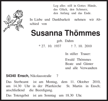 Traueranzeige von Susanna Thömmes von TRIERISCHER VOLKSFREUND