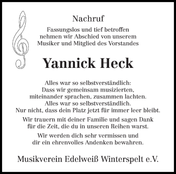 Traueranzeige von Yannick Heck von trierischer_volksfreund