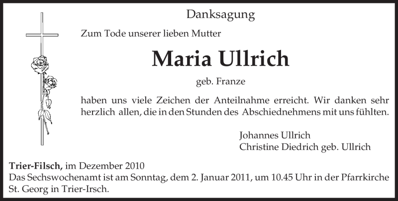  Traueranzeige für Maria Ullrich vom 18.12.2010 aus TRIERISCHER VOLKSFREUND