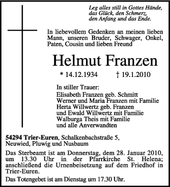 Traueranzeige von Helmut Franzen von TRIERISCHER VOLKSFREUND
