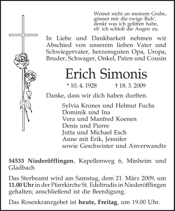 Traueranzeige von Erich Simonis von TRIERISCHER VOLKSFREUND