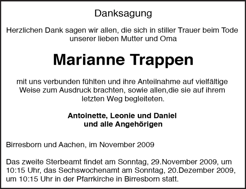  Traueranzeige für Marianne Trappen vom 21.11.2009 aus TRIERISCHER VOLKSFREUND