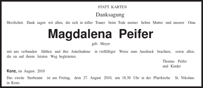  Traueranzeige für Magdalena Peifer vom 25.08.2010 aus TRIERISCHER VOLKSFREUND