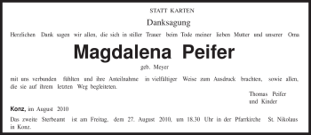 Traueranzeige von Magdalena Peifer von TRIERISCHER VOLKSFREUND
