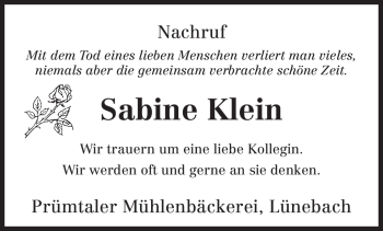 Traueranzeige von Sabine Klein von TRIERISCHER VOLKSFREUND