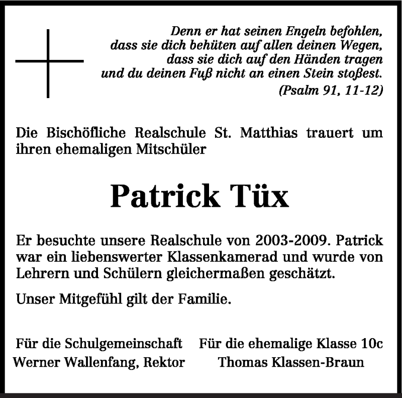  Traueranzeige für Patrick Tüx vom 27.09.2010 aus TRIERISCHER VOLKSFREUND