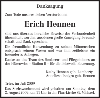 Traueranzeige von Erich Hennen von TRIERISCHER VOLKSFREUND