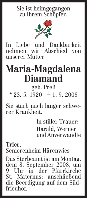 Traueranzeige von Maria-Magdalena Diamand von TRIERISCHER VOLKSFREUND
