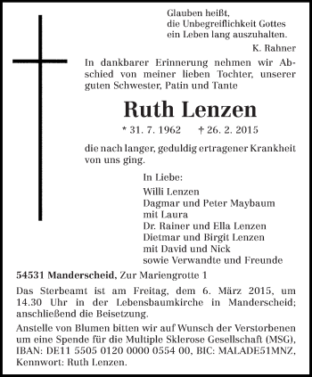 Traueranzeige von Ruth Lenzen von trierischer_volksfreund