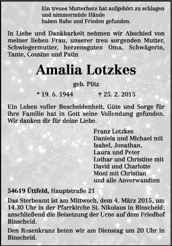 Traueranzeige von Amalia Lotzkes von trierischer_volksfreund