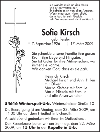 Traueranzeige von Sofie Kirsch von TRIERISCHER VOLKSFREUND