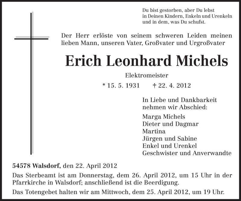  Traueranzeige für Erich Leonhard Michels vom 24.04.2012 aus TRIERISCHER VOLKSFREUND