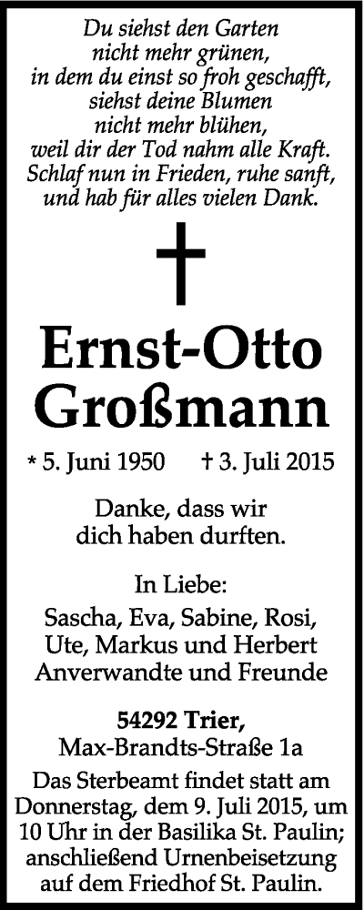  Traueranzeige für Ernst-Otto Großmann vom 07.07.2015 aus trierischer_volksfreund